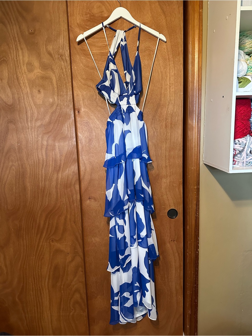 Express Blue White Halter Open Back Tiered Maxi Dress XS Resort Vacation